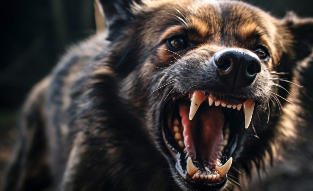 Aggressive dog shows dangerous teeth. Generative AI.